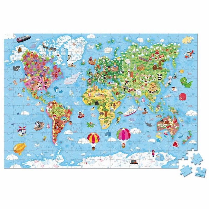 Puzzle dai 7 anni in su da 300 pezzi a tema mappamondo con animali, utile a imparare a riconoscere i paesi e le loro caratteristiche, contenuto in una valigetta facile da trasportare